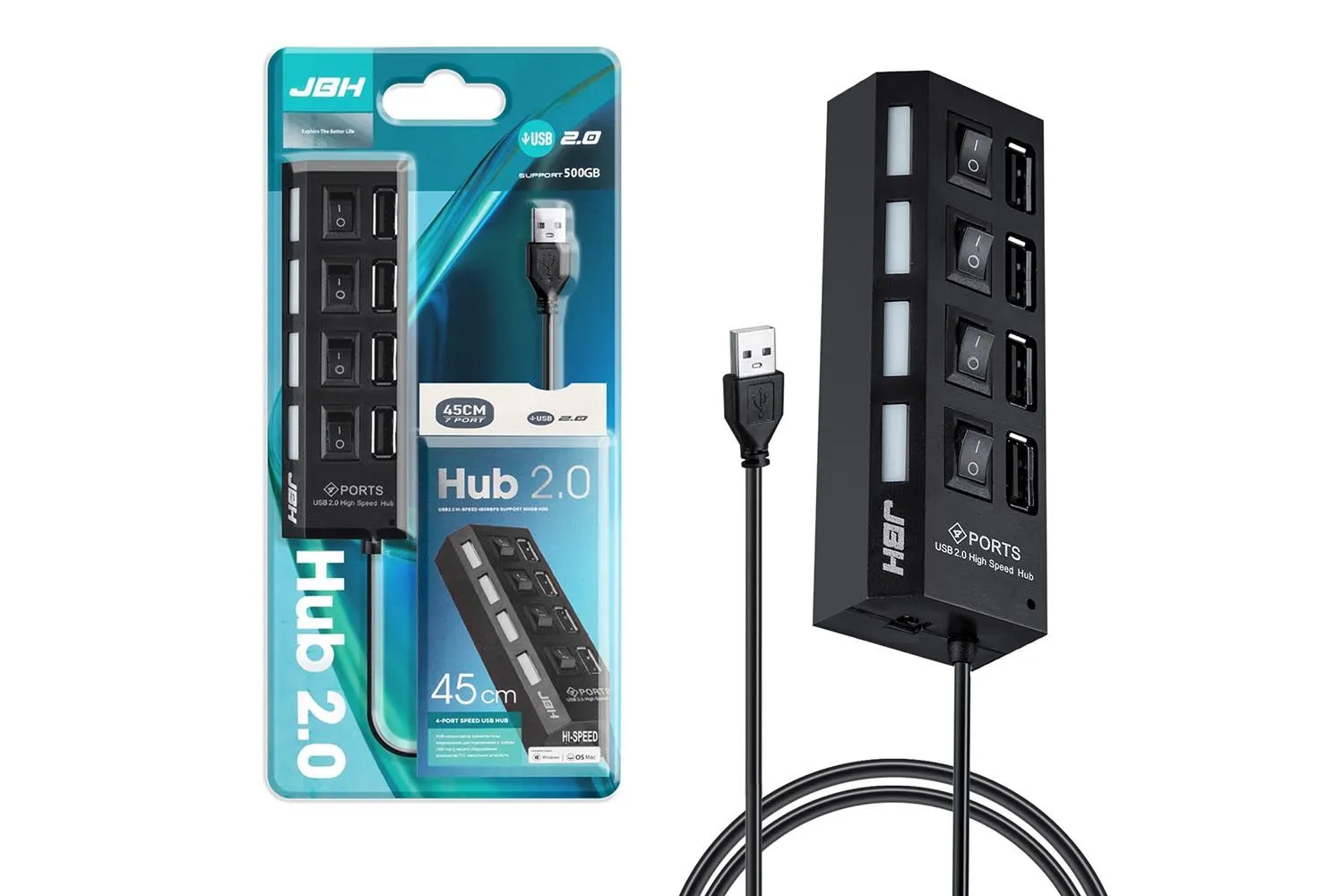 Разветвитель H-05 JBH HUB на 4 порта USB 2.0 с выключателями (черный)