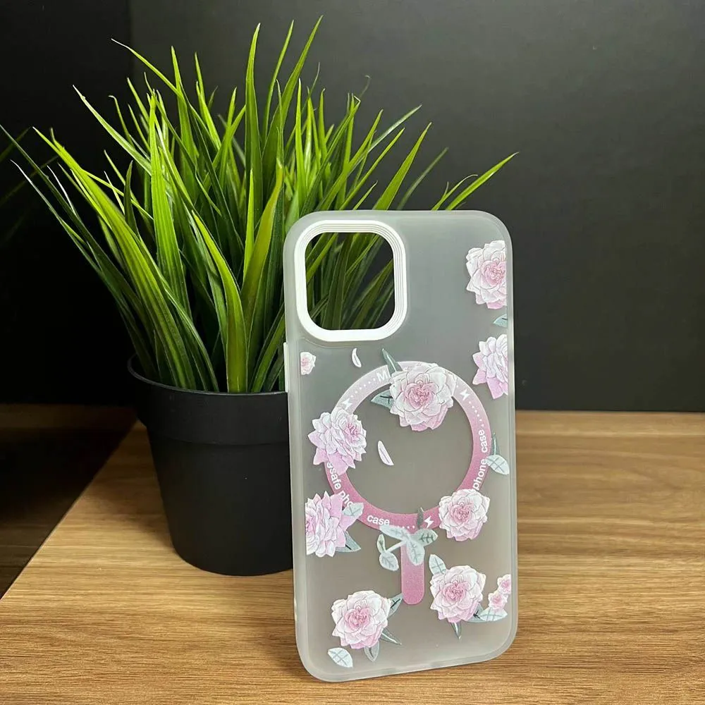 Чехол TPU матовый с принтом цветы Rose с MagSafe Apple iPhone 14 Pro (белый)